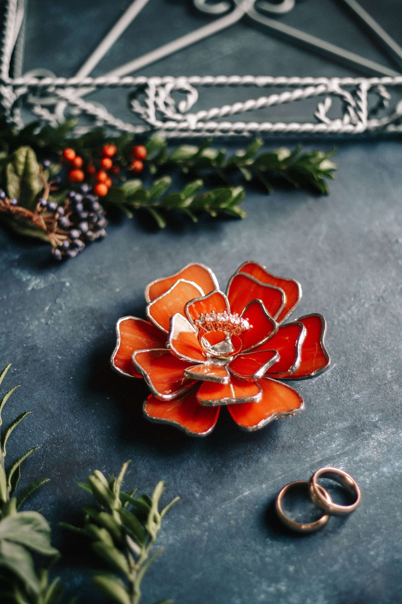 Stained Glass Flower Ring Holder, Fall Wedding Decoration Orange