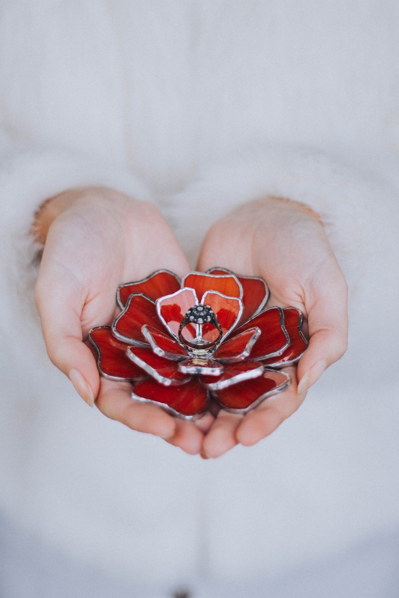 Stained Glass Wedding Ring Holder, Floral Ring Bearer Pillow Alternative, Engagement Ring Dish Orange