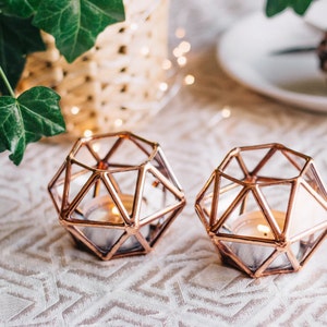 Geometric Glass Tealight Candle Holder Set of 2 Copper Wedding Decor Thanksgiving & Christmas Table Decor image 7