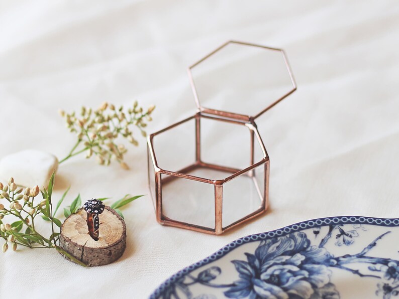 Glass Geometric Wedding Ring Box, Hexagon, Spring Wedding Decor, Ring Bearer Box, Boho Wedding Decor, Copper Ring Holder, Proposal Box image 7