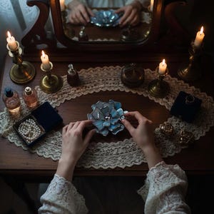 Puede incluir: Una escena de tocador vintage con espejo, velas y joyas. Las manos de una persona sostienen un objeto azul en forma de flor. Otros art&iacute;culos incluyen un collar de perlas en una caja azul, frascos de perfume y candelabros dorados. La escena est&aacute; iluminada con luz de velas.