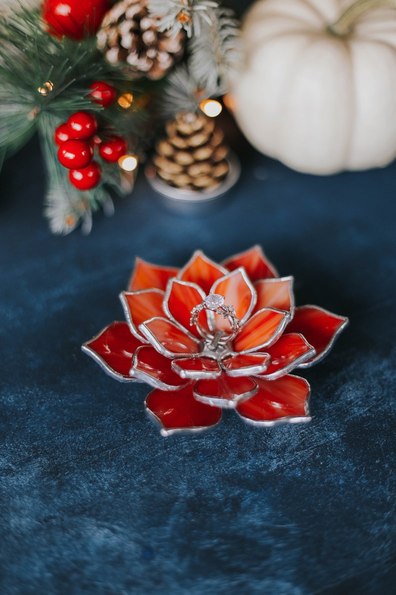 Stained Glass Jewelry Dish, Valentine's Day Gift for Her Orange Flame