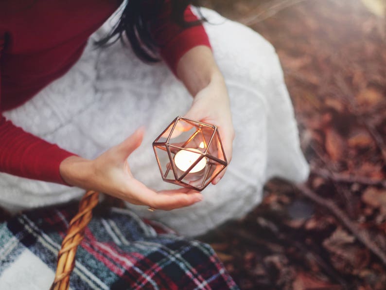 Stained Glass Geometric Copper Candle Holder Set, Christmas Table Decor image 2