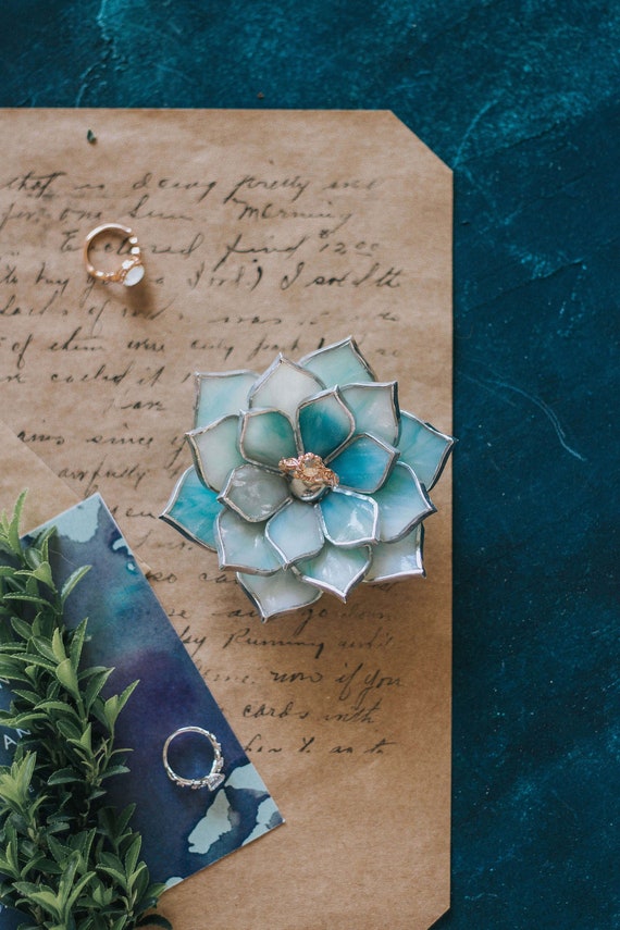 Stained Glass Succulent Ring Dish, Floral Engagement Elopement Gift
