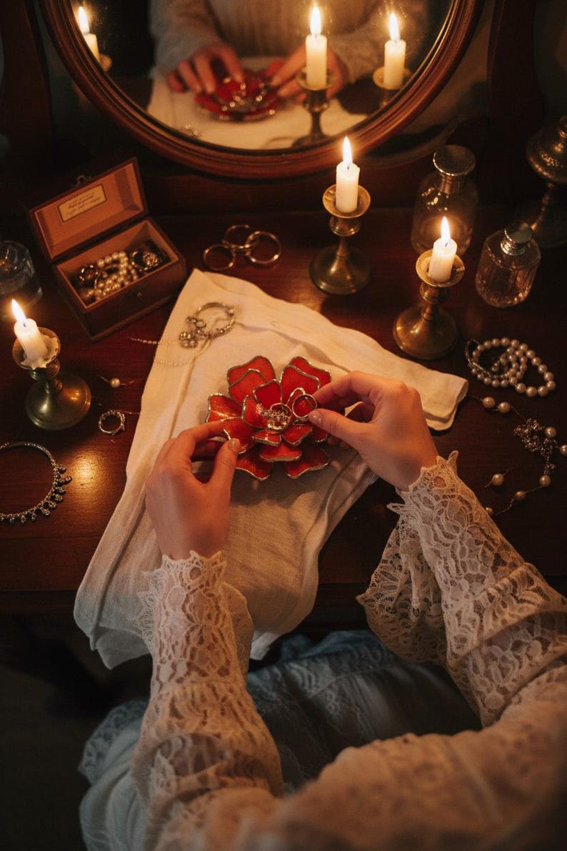 Plato para anillos de boda con diseño floral en vidrieras • Soporte vintage para anillos de compromiso y ceremonia Naranja