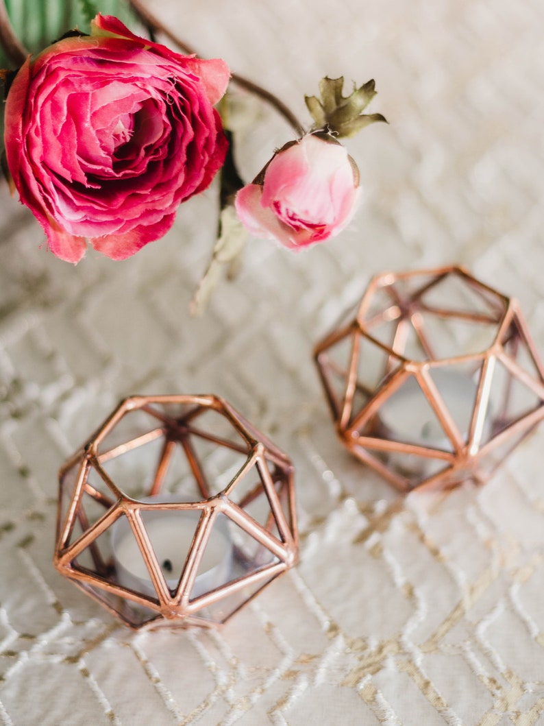 Geometric Glass Tealight Candle Holder Set of 2 Copper Wedding Decor Thanksgiving & Christmas Table Decor image 9