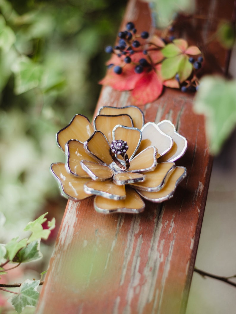 Stained Glass Flower Ring Holder, Fall Wedding Decoration Amber