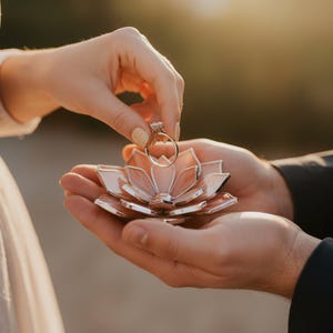 May include: A diamond engagement ring is held above a decorative, pink and clear glass flower-shaped ring holder. The ring holder is in the hands of a person, with another person's hands below.