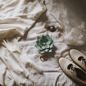 May include: An ivory-colored wedding dress and veil are laid out on a bed, alongside a green succulent-shaped ring holder, two gold wedding bands, a decorative brooch, and a pair of cream-colored shoes. The scene evokes a sense of romance and anticipation.