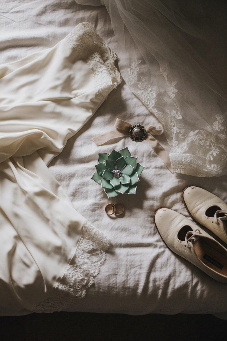 May include: An ivory-colored wedding dress and veil are laid out on a bed, alongside a green succulent-shaped ring holder, two gold wedding bands, a decorative brooch, and a pair of cream-colored shoes. The scene evokes a sense of romance and anticipation.