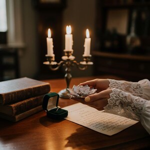 Puede incluir: Un candelabro de lat&oacute;n encendido con tres velas blancas, una caja de anillo de terciopelo verde y un objeto decorativo en forma de flor. Un anillo es visible en la caja abierta. La escena est&aacute; ambientada en una mesa de madera con libros y una carta manuscrita.