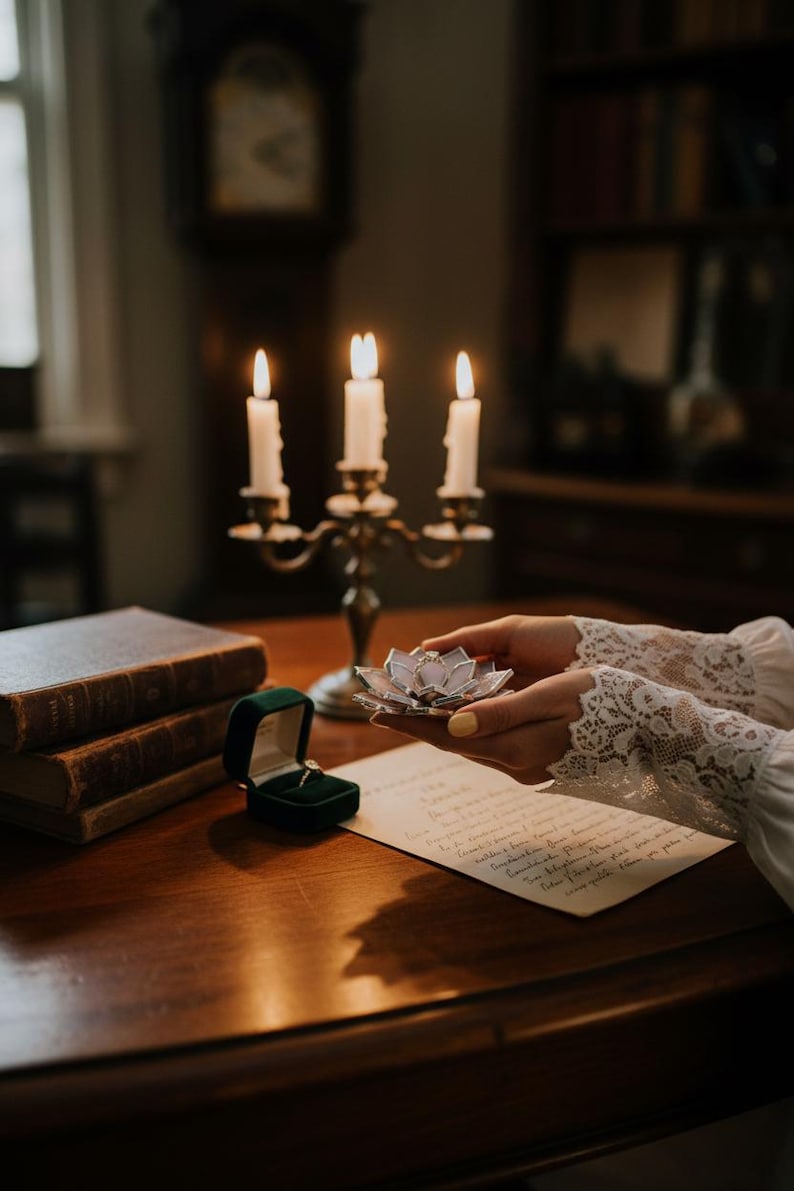Puede incluir: Un candelabro de lat&oacute;n encendido con tres velas blancas, una caja de anillo de terciopelo verde y un objeto decorativo en forma de flor. Un anillo es visible en la caja abierta. La escena est&aacute; ambientada en una mesa de madera con libros y una carta manuscrita.