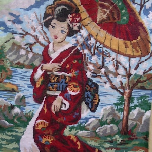 Completed  French Cotton Vintage Needlepoint Tapestry Japanese Geisha Girl.