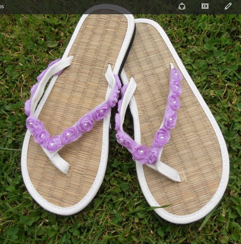 Ladies Straw Wedding Flip Flops Decorated with a Chiffon Rose