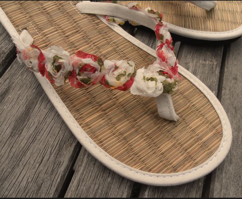 Ladies Straw Wedding Flip Flops Decorated with a Chiffon Rose