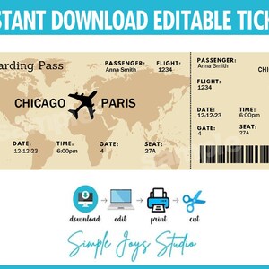 Printable Airline Ticket Trip Reveal Template | Surprise Customizable Boarding Pass | Editable Travel Ticket Template | Digital Ticket