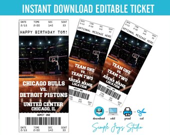 May include: Editable basketball ticket template with a basketball court image. The text says "Happy Birthday Tom!" and "Chicago Bulls vs. Detroit Pistons". The ticket has fields for date, time, section, and seat.