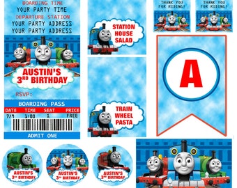 Thomas the Train & Friends Birthday Instant Party Package Template (Invitation, Thank You, Cupcake Toppers, Banner, Food Tent Cards, Tags)