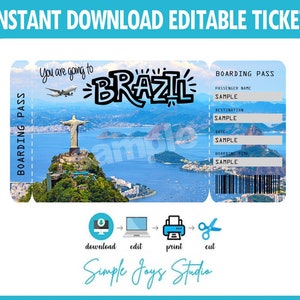 Carte d'embarquement imprimable d'un billet pour le Brésil, billet de voyage vacances surprise, fichier numérique - à remplir et à imprimer