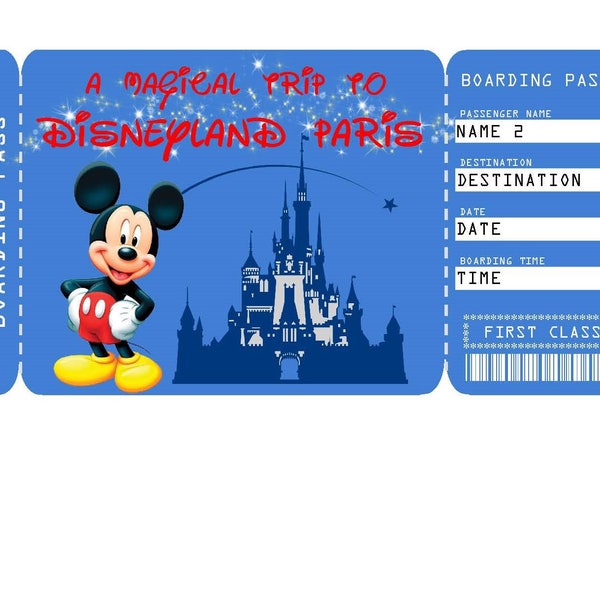 Afdrukbaar ticket naar de instapkaart voor Disneyland Parijs, ticket voor een verrassingsvakantiereis, digitaal bestand - u vult het in en drukt af