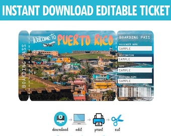Printable Ticket to Puerto Rico Boarding Pass, Surprise Vacation Trip Ticket, Digital File - You Fill and Print