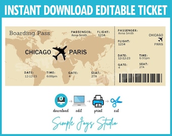 May include: Editable printable boarding pass ticket template with a world map background. The ticket has a flight number, date, time, gate, and seat information. The text on the ticket reads "Chicago to Paris".