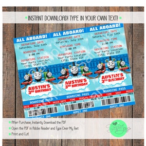 Fillable PDF Thomas the Train & Friends Birthday Invitation Ticket Template - Instant Download - Just Type in Your Info and Print!