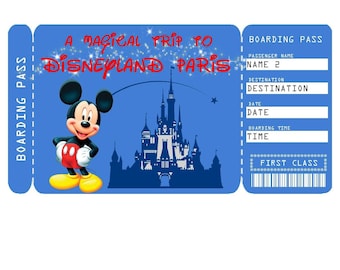Afdrukbaar ticket naar de instapkaart voor Disneyland Parijs, ticket voor een verrassingsvakantiereis, digitaal bestand - u vult het in en drukt af