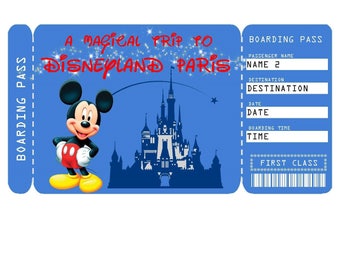 Afdrukbaar ticket naar de instapkaart voor Disneyland Parijs, ticket voor een verrassingsvakantiereis, digitaal bestand - u vult het in en drukt af