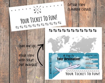 May include: A printable travel-themed invitation with a blue and white airplane ticket design. The ticket says "A Trip To Your Destination!" and "Your Ticket To Fun!" The invitation is designed to be folded and has a world map on the back.