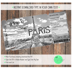 Puede incluir: Diseño de tarjeta de embarque imprimible en blanco y negro para un viaje a París, con la Torre Eiffel y un avión. El texto incluye "A Trip To Paris" y "Boarding Pass". El diseño está sobre un fondo de madera.