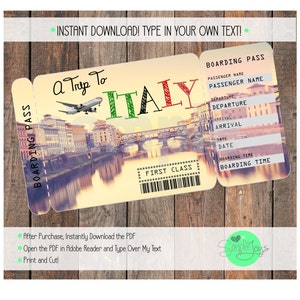Druckbares Ticket für Italien Bordkarte, Überraschungsurlaubsreiseticket, digitale Datei - Sie füllen und drucken