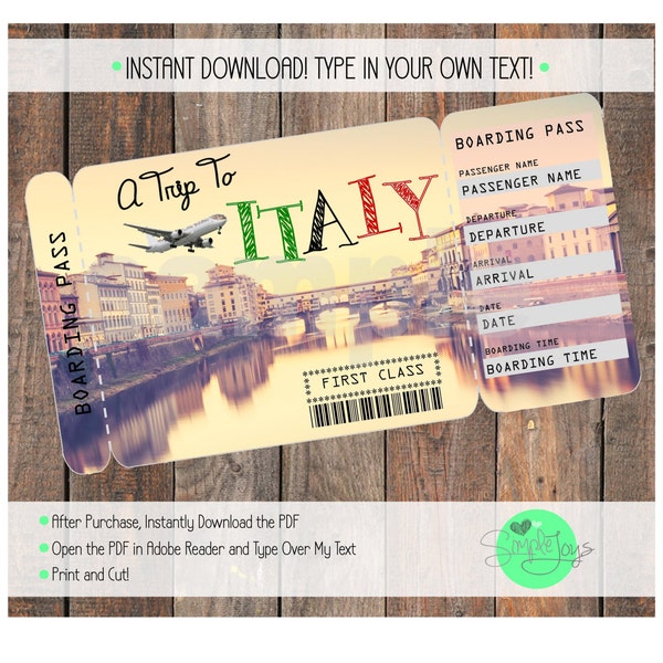 Printable Ticket to Italy Boarding Pass, Surprise Vacation Trip Ticket, Digital File - You Fill and Print