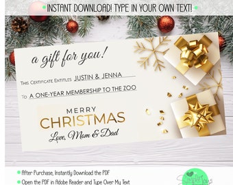 Custom Christmas Gift Card, Gift Certificate Template, DIY Gift Certificate, Gift Voucher, Printable Template PDF - You Fill and Print