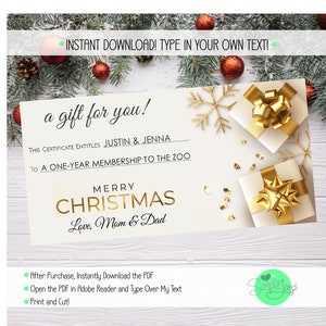 Custom Christmas Gift Card, Gift Certificate Template, DIY Gift Certificate, Gift Voucher, Printable Template PDF - You Fill and Print