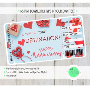 Printable Anniversary Vacation Ticket Boarding Pass (Digital PDF File)