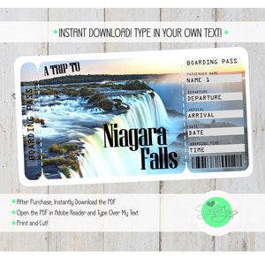 Printable Ticket to Niagara Falls Boarding Pass - Customizable Template, Digital PDF File - You Fill and Print