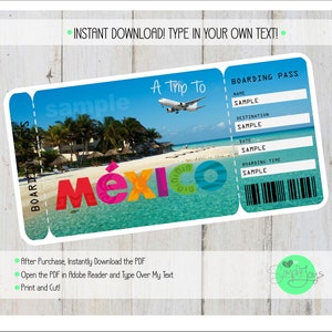 Carte d'embarquement imprimable d'un billet pour le Mexique, billet de voyage vacances surprise, fichier numérique - à remplir et à imprimer
