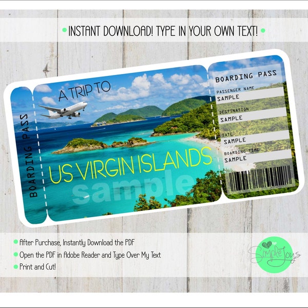 Printable Ticket to US Virgin Islands Boarding Pass, Customizable Template, Digital File - You Fill and Print