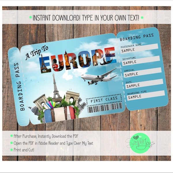 Printable Ticket to Europe Boarding Pass, Customizable Template, Digital File - You Fill and Print