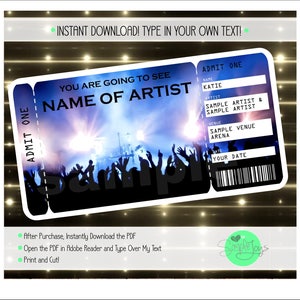 Printable Concert Surprise Ticket Template, Digital PDF File - You Fill and Print