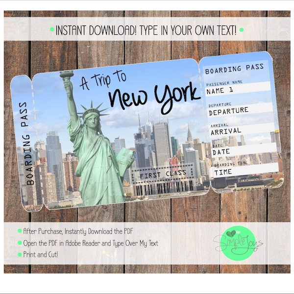 Printable Ticket to New York Boarding Pass, Surprise Vacation Trip Ticket, Digital File - You Fill and Print