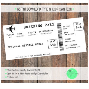 Printable Airline Ticket Boarding Pass Template, Vacation, Trip, Surprise