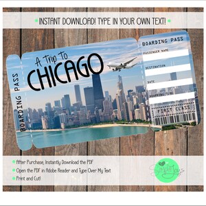 Boleto imprimible a la tarjeta de embarque de Chicago, plantilla personalizable, archivo digital: usted completa e imprime