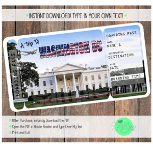 Printable Ticket to Washington DC Boarding Pass, Surprise Vacation Trip Ticket, Digital File - You Fill and Print