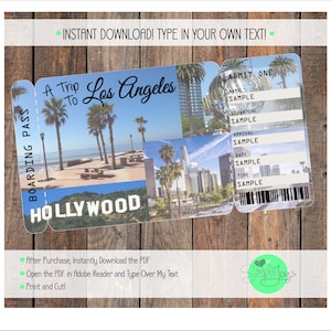 Printable Ticket to Los Angeles Boarding Pass, Customizable Template, Digital File - You Fill and Print