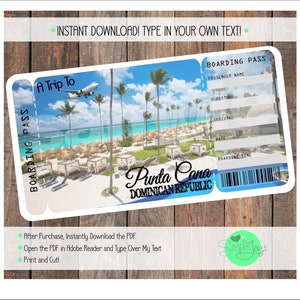 Druckbares Ticket für Punta Cana Bordkarte, anpassbare Vorlage, digitale Datei - Sie ausfüllen und drucken