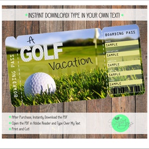 Boleto imprimible para unas vacaciones de golf, tarjeta de embarque, plantilla personalizable, archivo digital: usted completa e imprime