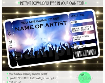 May include: Editable concert ticket template with a blue and black background image of a concert crowd. The text "You are going to see" and "Name of Artist" are in white text. The ticket has fields for the name, artist, venue, and date.