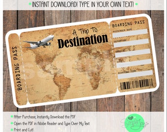 May include: A printable boarding pass template with a vintage world map background. The text "A Trip To Destination" is at the top of the pass. The template is designed to be personalized with names, dates, and other details.